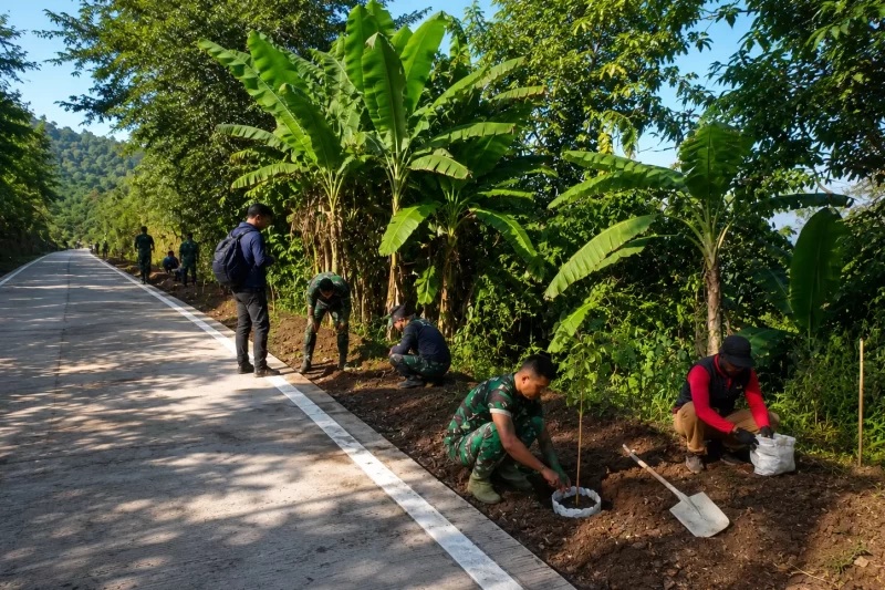 Satgas TMMD ke-128 dan Warga Kompak Tanam Pohon di Sukajadi