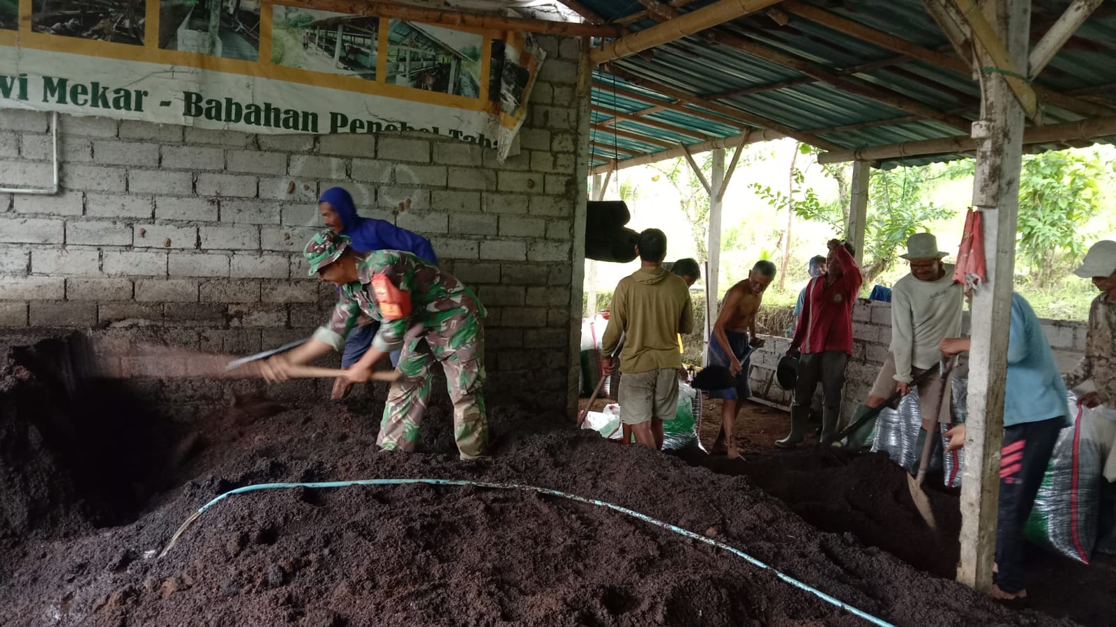Perkuat Ketahanan Pangan, Babinsa Babahan Gotong Royong Bersama Petani Kemas Pupuk Organik