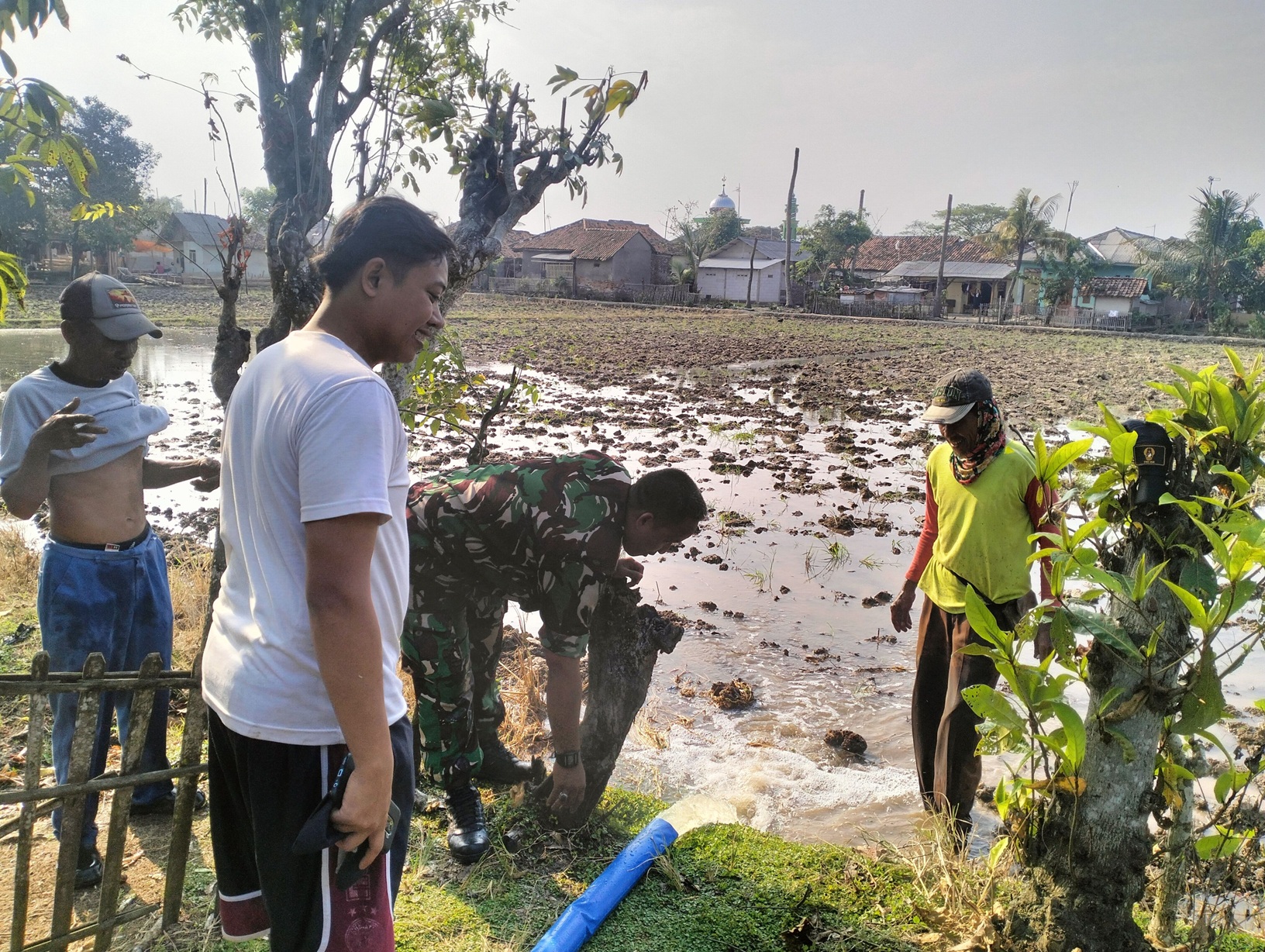 Babinsa Koramil 0507/Pabuaran Bantu Pengairan Sawah Petani dengan Pompa di Desa Ciberes
