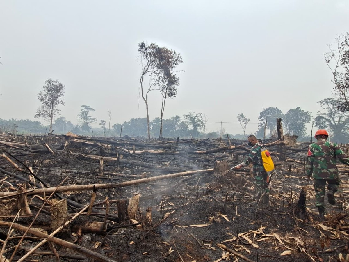 Koramil 1204-02/Sekayam Padamkan 10 Titik Kebakaran Lahan di Desa Sungai Tekam