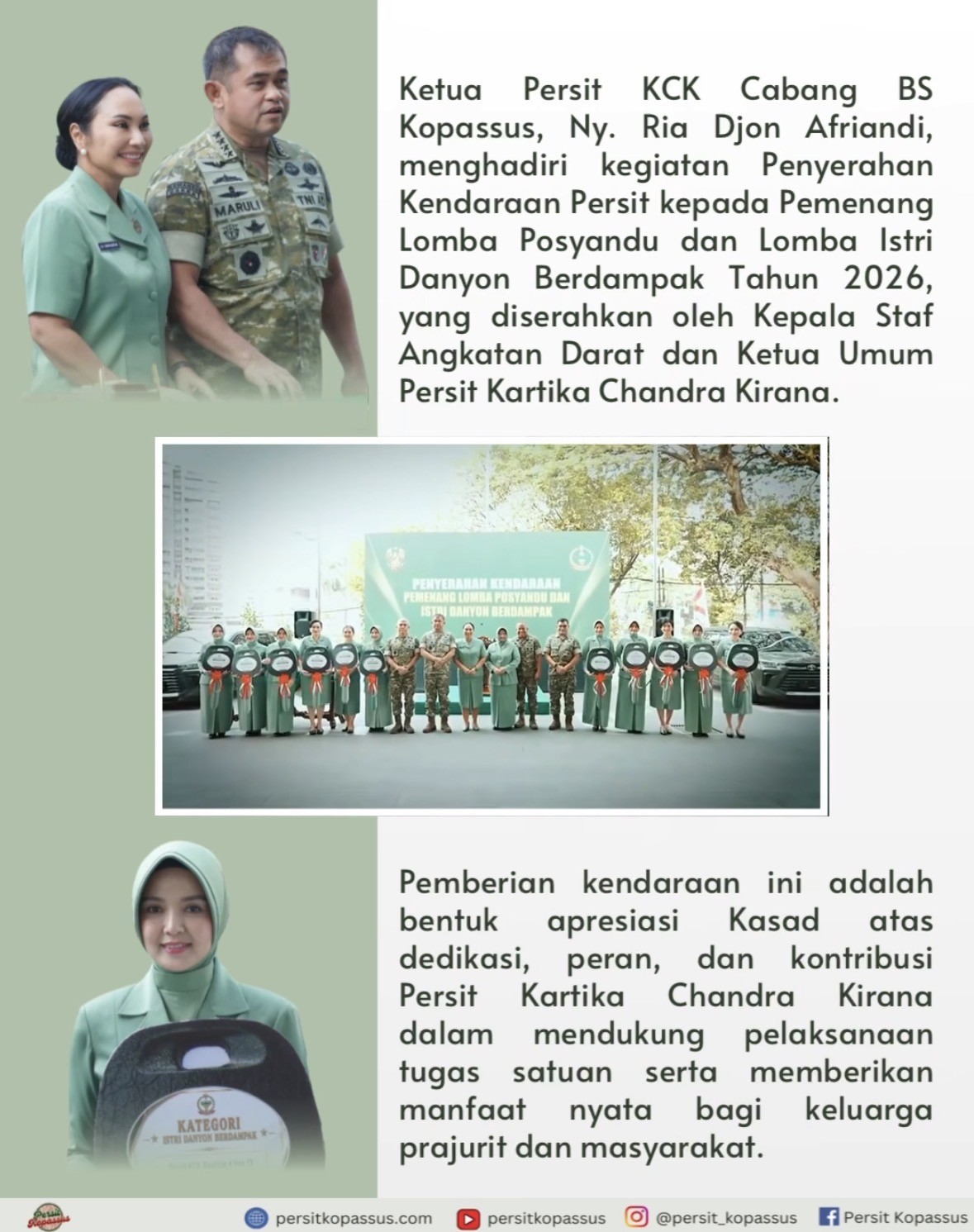 Menghadiri Kegiatan Penyerahan Kendaraan Persit dari Kasad dan Ketua Umum Persit Kartika Chandra Kirana