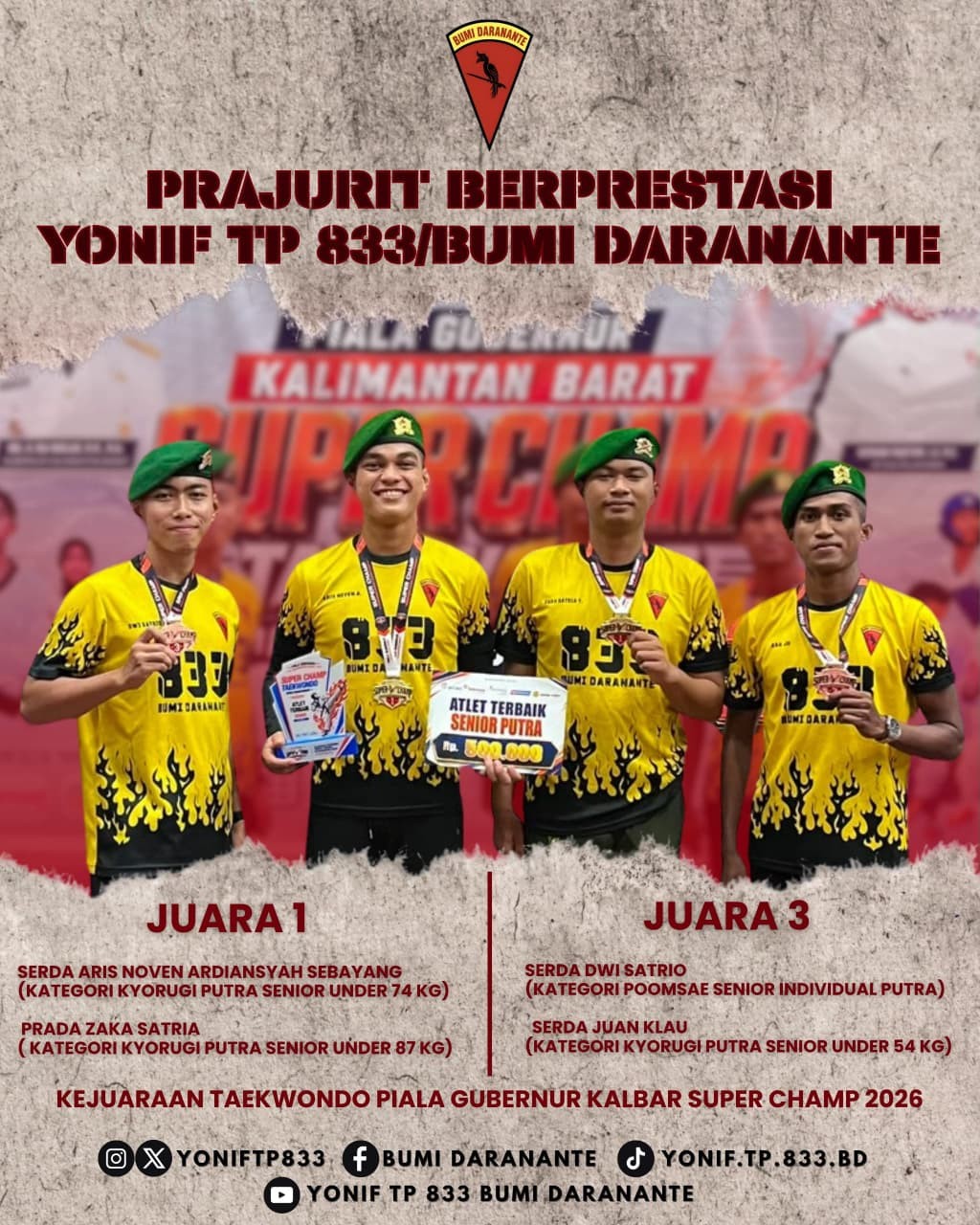 Prajurit Berprestasi dari Yonif TP 833/BD Memborong Medali Kejuaraan Taekwondo Piala Gubernur Kalbar Super Champ 2026