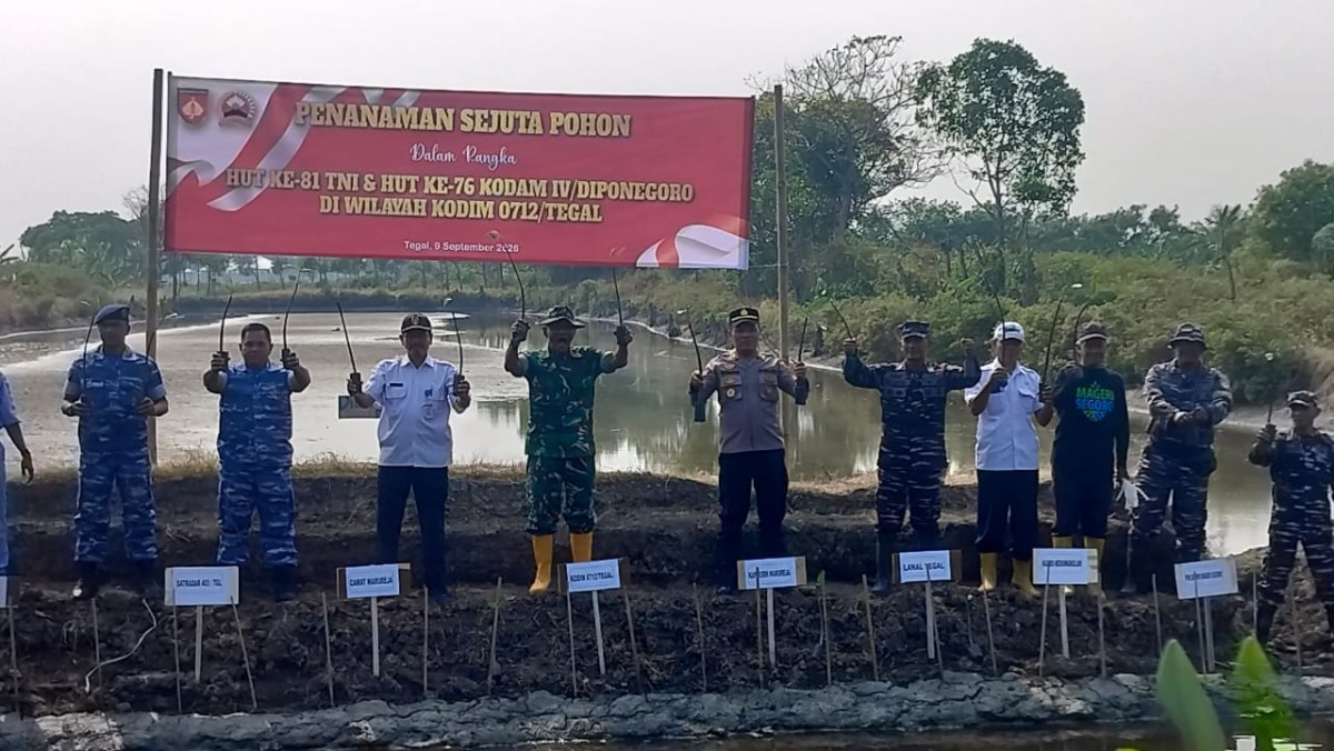 Dalam Rangka HUT RI, HUT TNI dan HUT Kodam, Kodim 0712/Tegal Tanam 1.000 Mangrove di Pesisir Warureja