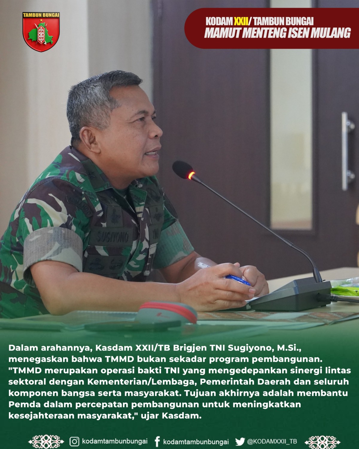 Kasdam XXII/Tambun Bungai Terima Paparan Dansatgas Matangkan Kesiapan TMMD Ke-130