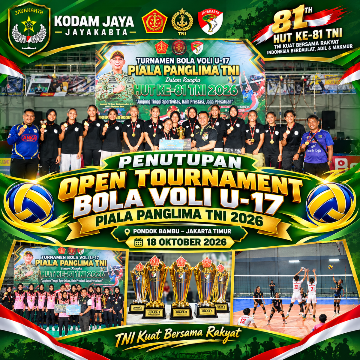 Pangdam Jaya Tutup Turnamen Voli U-17 Piala Panglima TNI, Bibit Atlet Muda Siap Naik Level