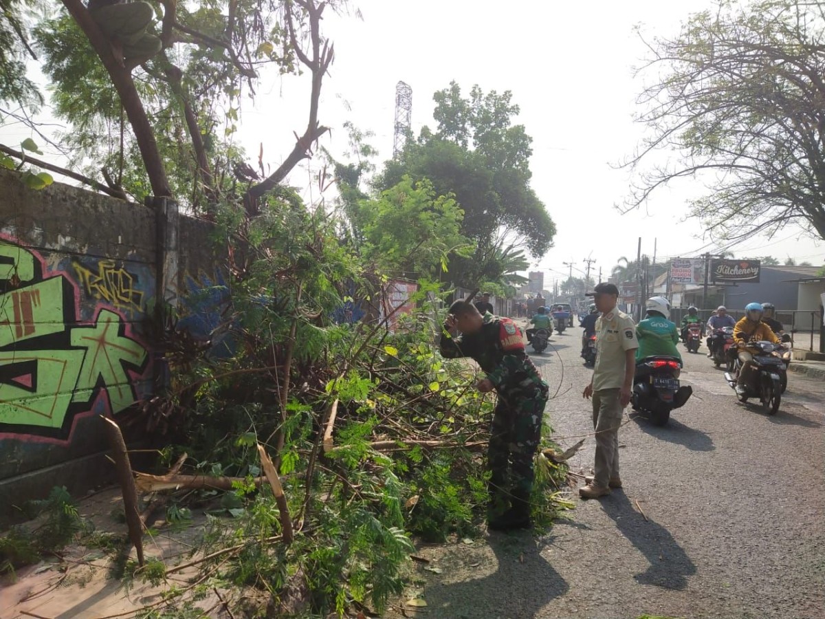 Cegah Kecelakaan Akibat Pohon Tumbang, Babinsa Tegal Munjul Bersama Kasi Trantib dan Satlinmas Gelar Kerja Bakti