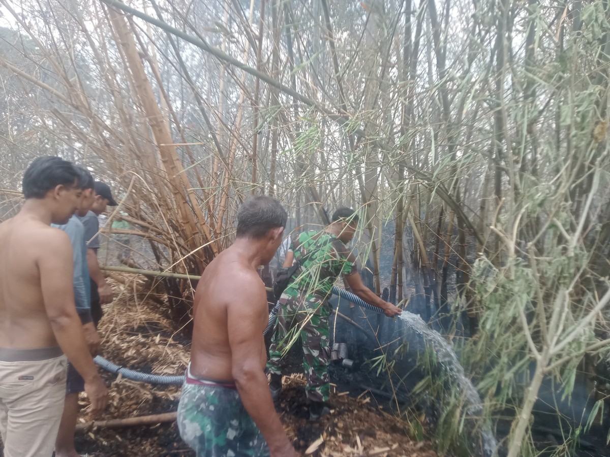 Gerak Cepat Babinsa dan Aparat Gabungan Padamkan Api di Pekarangan Bambu Desa Sambongbangi